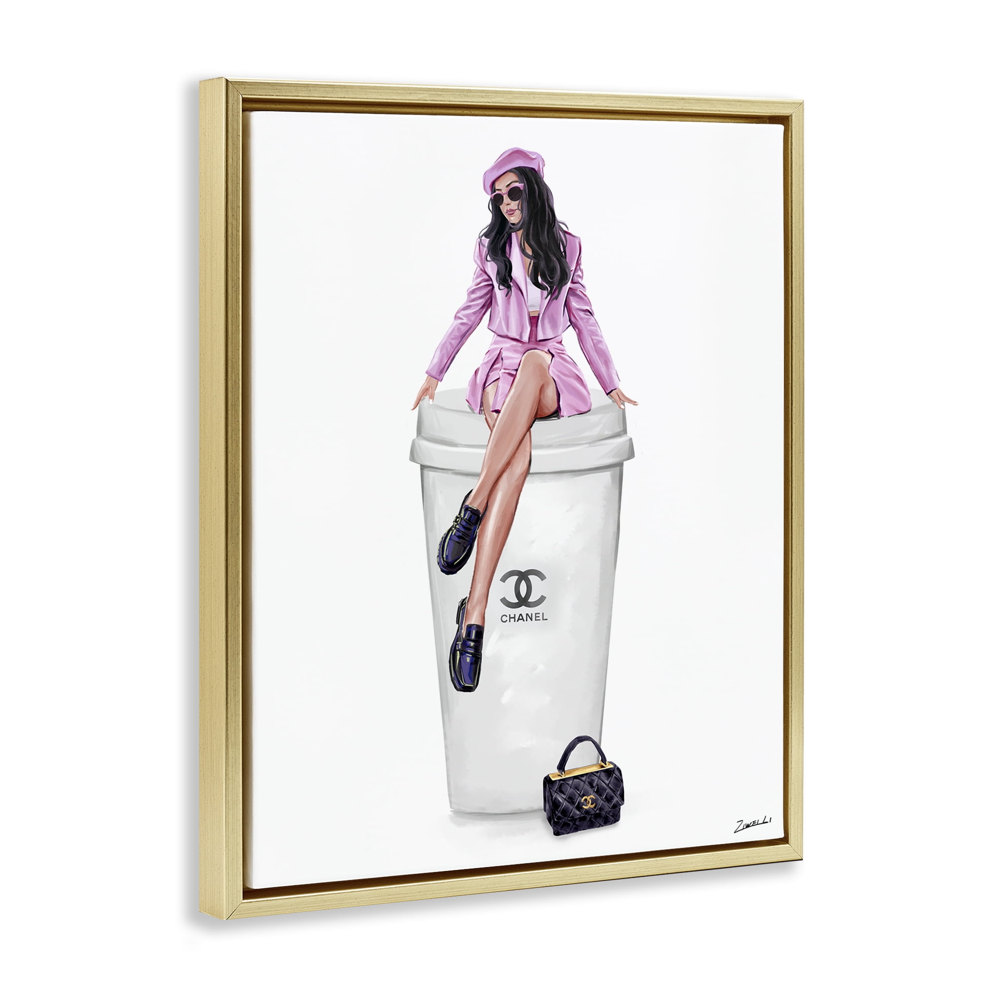 Stupell Industries Chic Fashionista Atop Coffee People Painting Gold Floater Framed Canvas Art Print Wall Art, 17 x 21