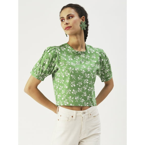 DressBerry Women’s Printed Cotton Poplin Crop Top Round Neck Short Sleeves High Waist Regular Wear Light Weighted Casual Summer Top