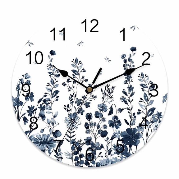Wall Clock Blue Floral Clocks PVC Silent Non-Ticking Battery Operated Decorative Watercolor Flower Dragonfly Round Clock for Home Living Room Kitchen Bedroom Office School Wall Decor 10 Inch