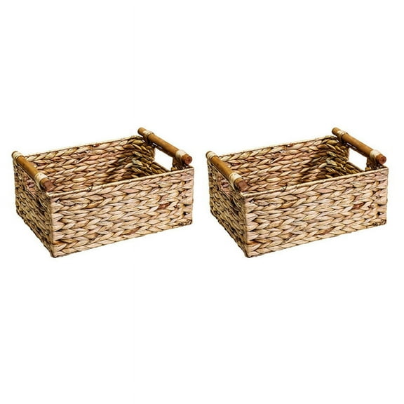 3X Wicker Basket Rectangular with Wooden Handles for Shelves Hyacinth Storage,Natural Baskets Organizing