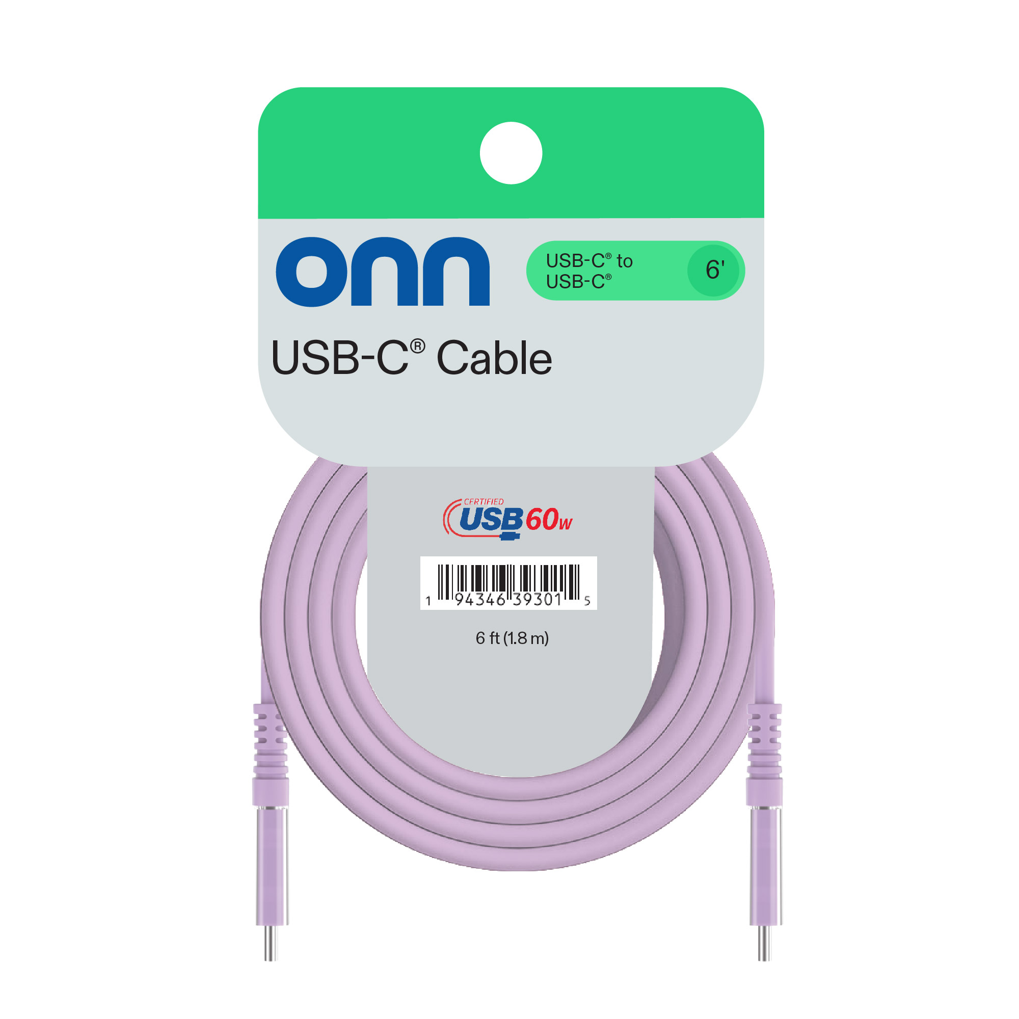 Cable de carga onn de 6 pies USB-C a USB-C, carga rápida, certificado USB-IF, compatible con iPhone serie 16 y 15, Samsung Galaxy, Note, dispositivos Pixel, iPad Pro y más - Púrpura 6