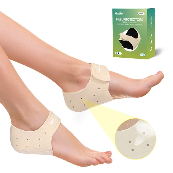 Welnove Heel Protectors Cups for Plantar Fasciitis Heels Spur Pain Relief Heel Inserts Pads for Achilles Tendonitis Dry Cracked Heel Support Cushion,Size S,Beige,1Pair
