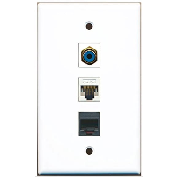 RiteAV - 1 Port RCA Blue and 1 Port Phone RJ11 RJ12 Black and 1 Port Cat5e Ethernet White Wall Plate