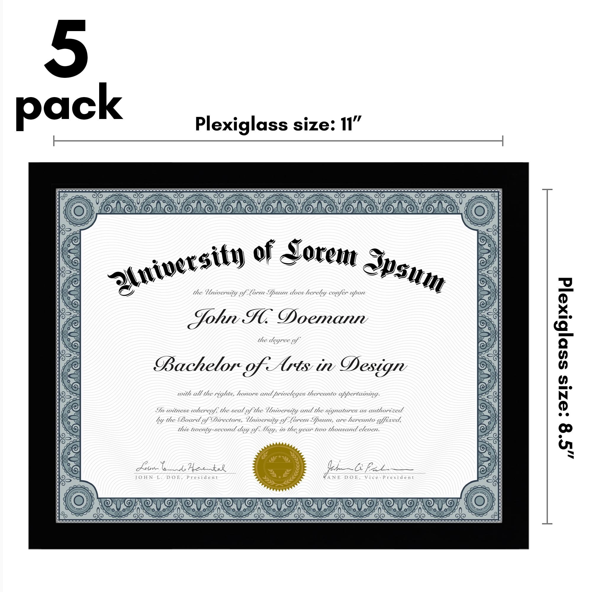 Americanflat 8.5x11 Picture Frame with Polished Plexiglass 5 Pack Legacy Collection Certificate Frames - Black