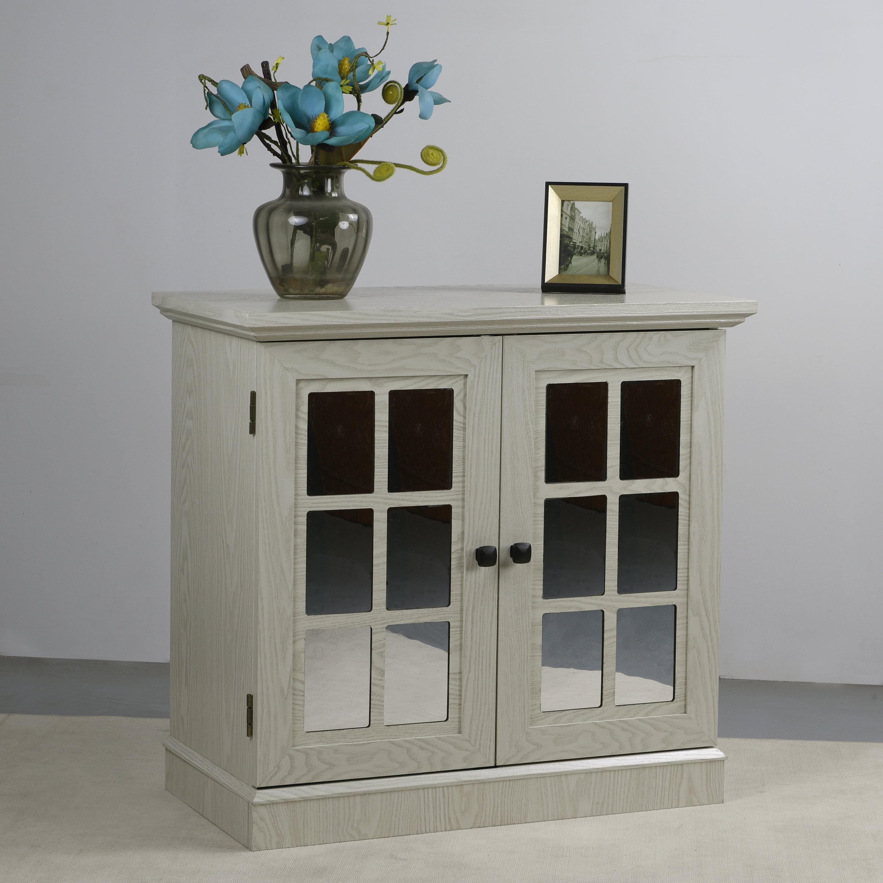 Accent Cabinet, Mirrored Sideboard&nbsp;Storage with Decorative Doors, Anti-Tip Strings, White MDF 3D Wood Grain, 30.75 Inch W