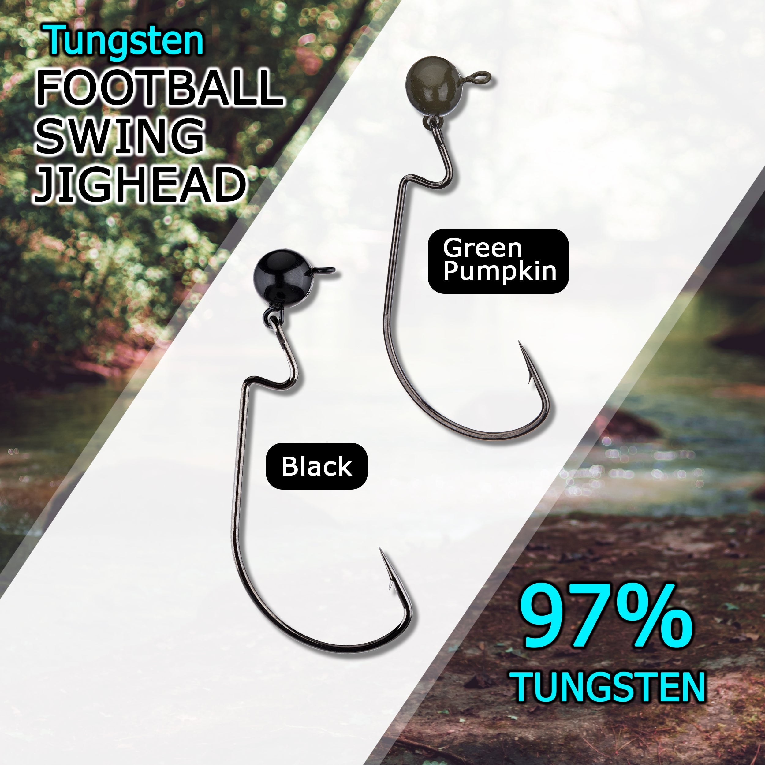 Reaction Tackle Tungsten Football Swing Jig Heads - Bass Fishing Jigs -Swinging Action Trigger Bait -Versatile Jig with Sharp Hooks -Mimics Crawfish- Black- 1/4