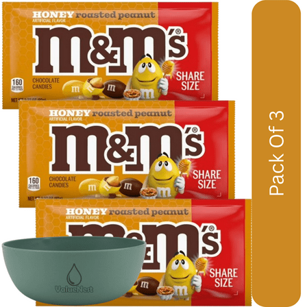 M&M's Honey Roasted Peanut Chocolate Candy, 3.27 oz Pack-3pk, With Olive Green Bowl By ValueNest