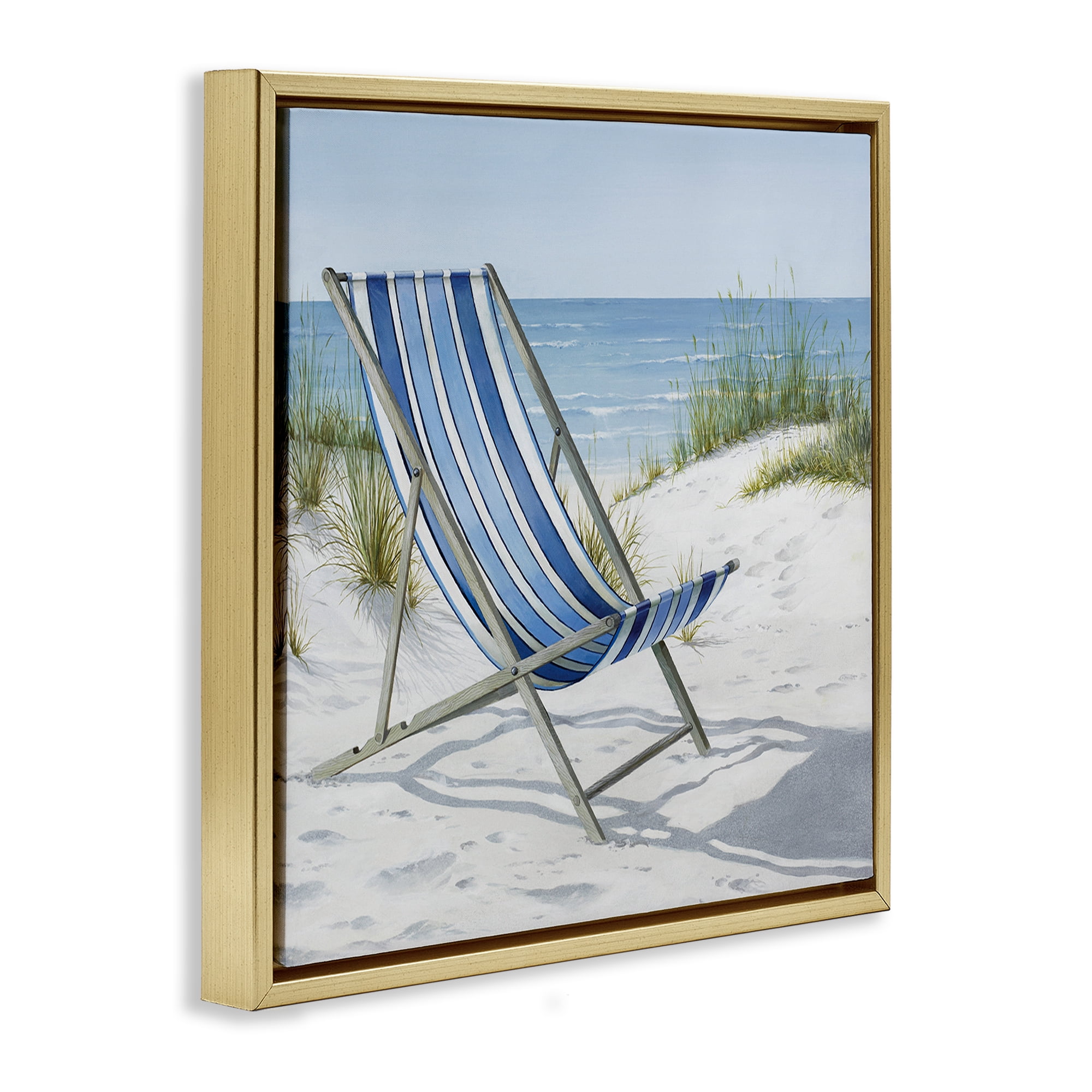 Stupell Industries Tranquil Beach Chair Landscape Painting Gold Floater Framed Canvas Art Print Wall Art, 18 x 18