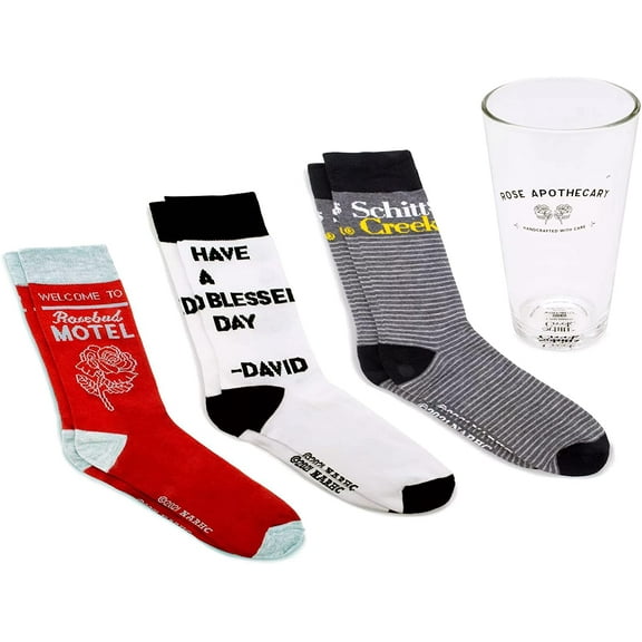 CultureFly Schitt's Creek 3 Pairs of Socks Plus Rose Apothecary Pint Glass Gift Set