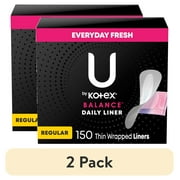 (2 pack) U by Kotex Balance Daily Wrapped Panty Liners, Light Absorbency, Regular Length, 150 Ct