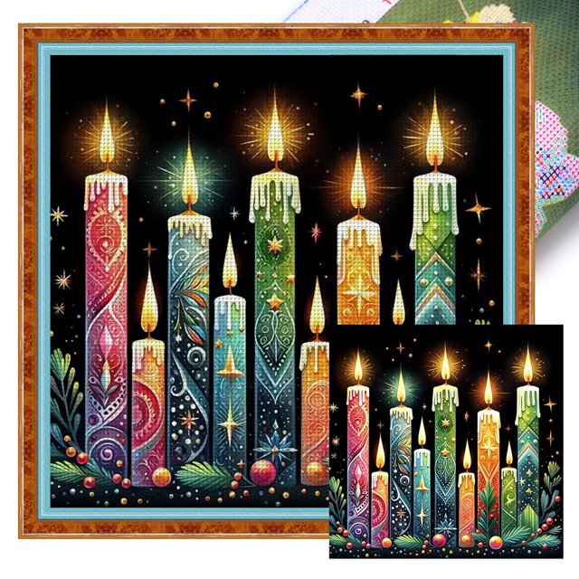 Hilo Algodón Ecológico Bordado Velas Navideñas Impresas 11CT Punto Cruz 40x40cm