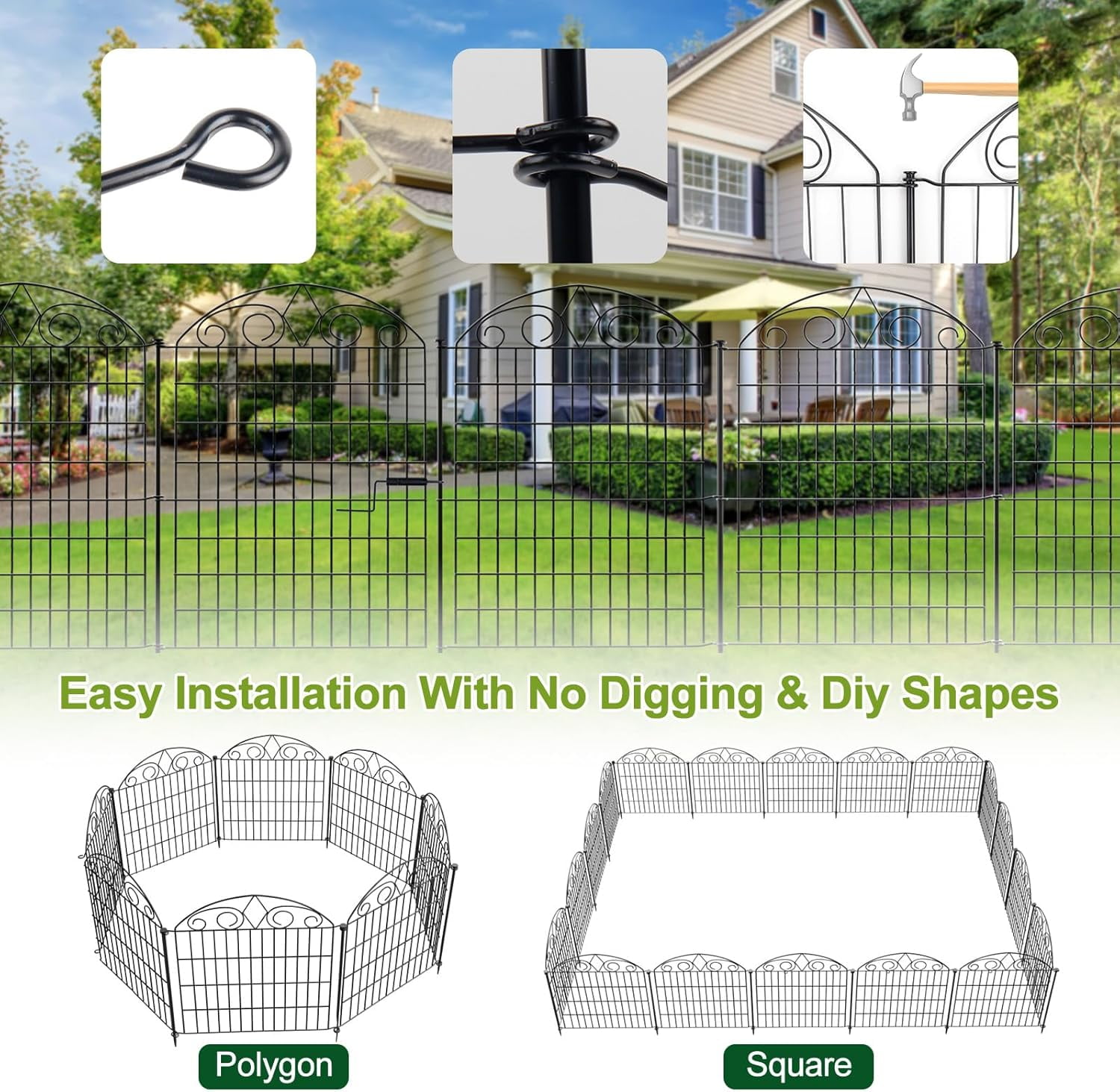 LOVE STORY 10 Panels No Dig Decorative Garden Fence Animal Barrier Fencing Metal Wire Panel Border Patio Dog Rabbits Ground Stakes Fencing, 24ft(L) x 32in(H)