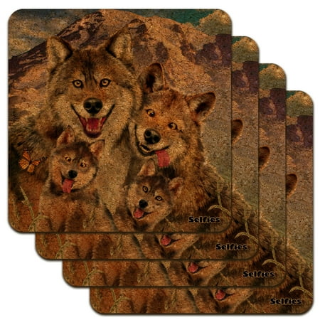 

Wolf Pack Selfie Family Wolves Low Profile Novelty Cork Coaster Set