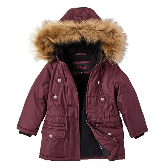 Girls Fleece Lined Heavy Winter Parka Jacket Coat Faux Fur Trim Zip-Off Hood - Merlot (5/6)