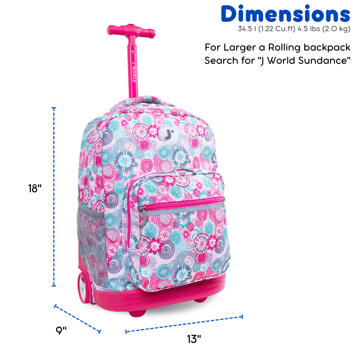 J World Girls Sunrise 18" Rolling Backpack for School and Travel, Blue Raspberry