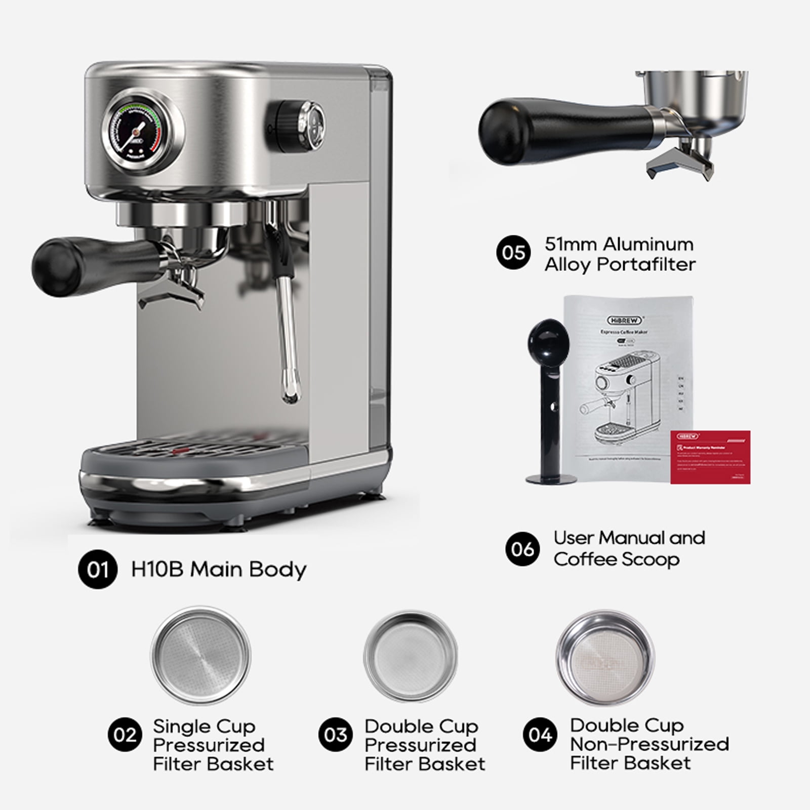HiBREW 20 Bar Semi Automatic Espresso Machine for Home, Stainless