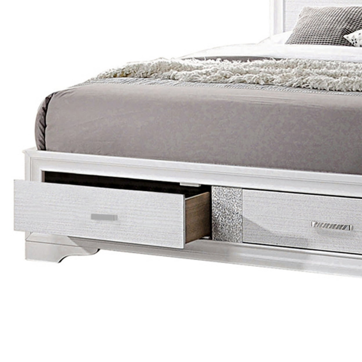 Contemporary Eastern King Bed with Drawers and Glittering Stripes White - Saltoro Sherpi