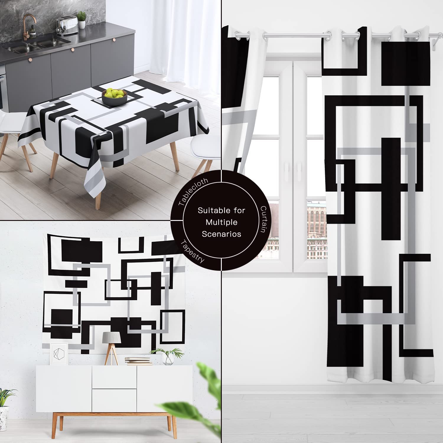 Black White Geometric Shower Curtain Set Neutral Abstract Shower Curtains for Bathroom Modern Bathroom Decor Polyester Fabric-72" x 72"