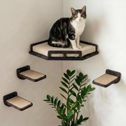 Cat Wall Shelves - Safe and Sturdy Cat Wall Furniture - Stylish Natural Wood Corner Shelf with 3 Steps for Cats up to 15lbs - Cushioned Perch and Stairs for Climbing and Playing - Black