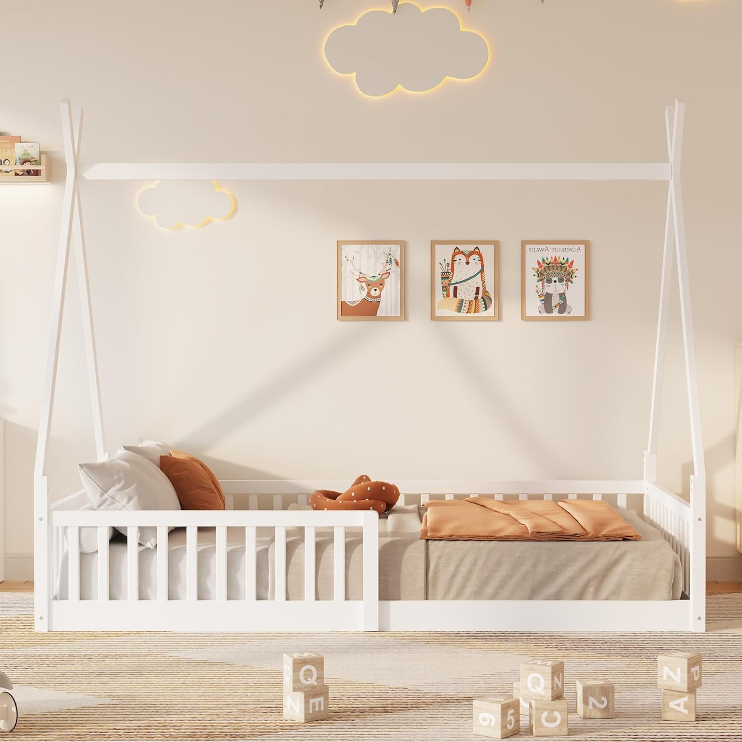 GLZ'HOME Twin House Bed with Fence, Modern Wood Montessori Floor Bed Frame Twin with Guardrails for Boys and Girls Bedroom, No Box Spring Needed (White)