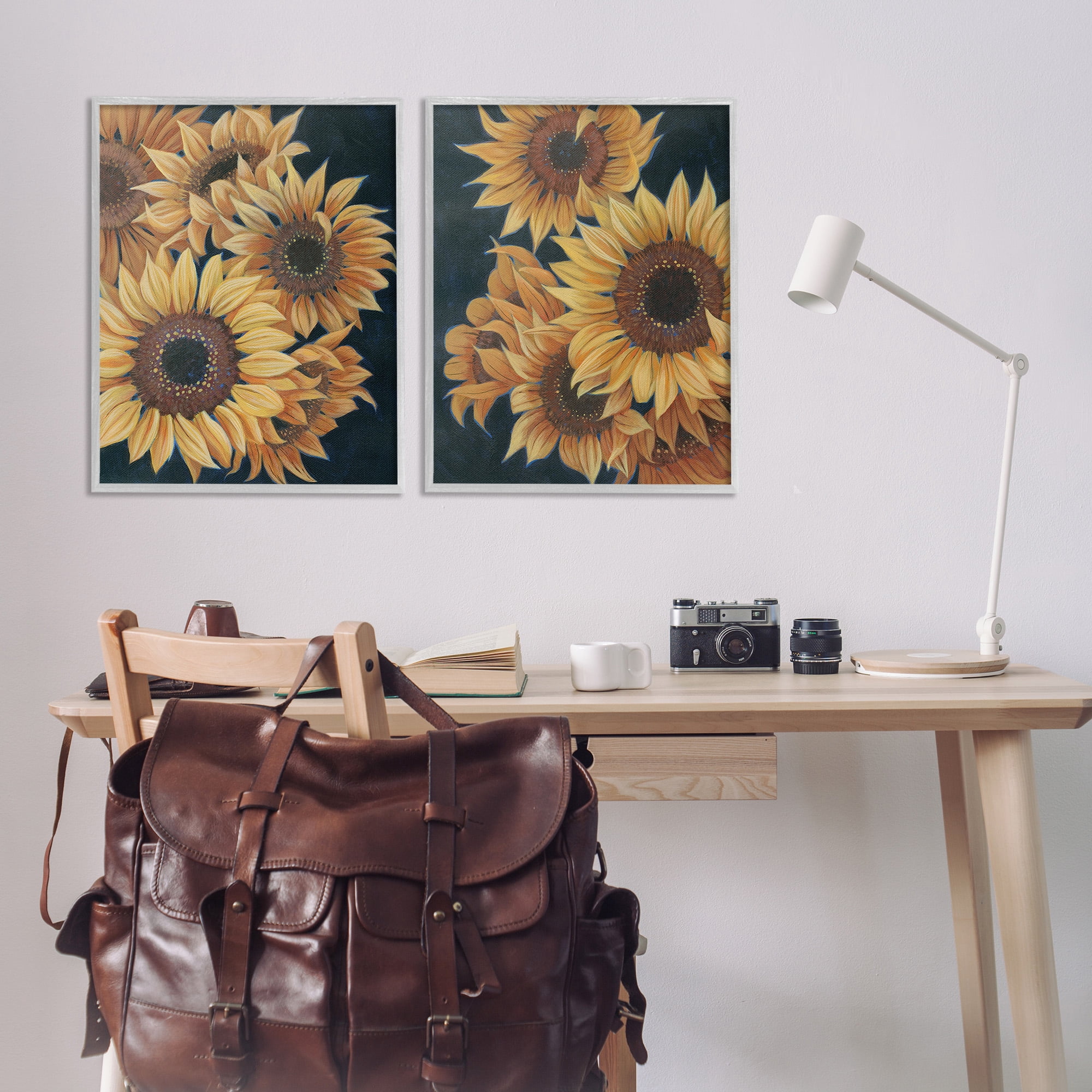 Stupell Industries Sunflowers on Black Botanical & Floral Painting Gray Framed Art Print Wall Art, 24 x 30, Set of 2