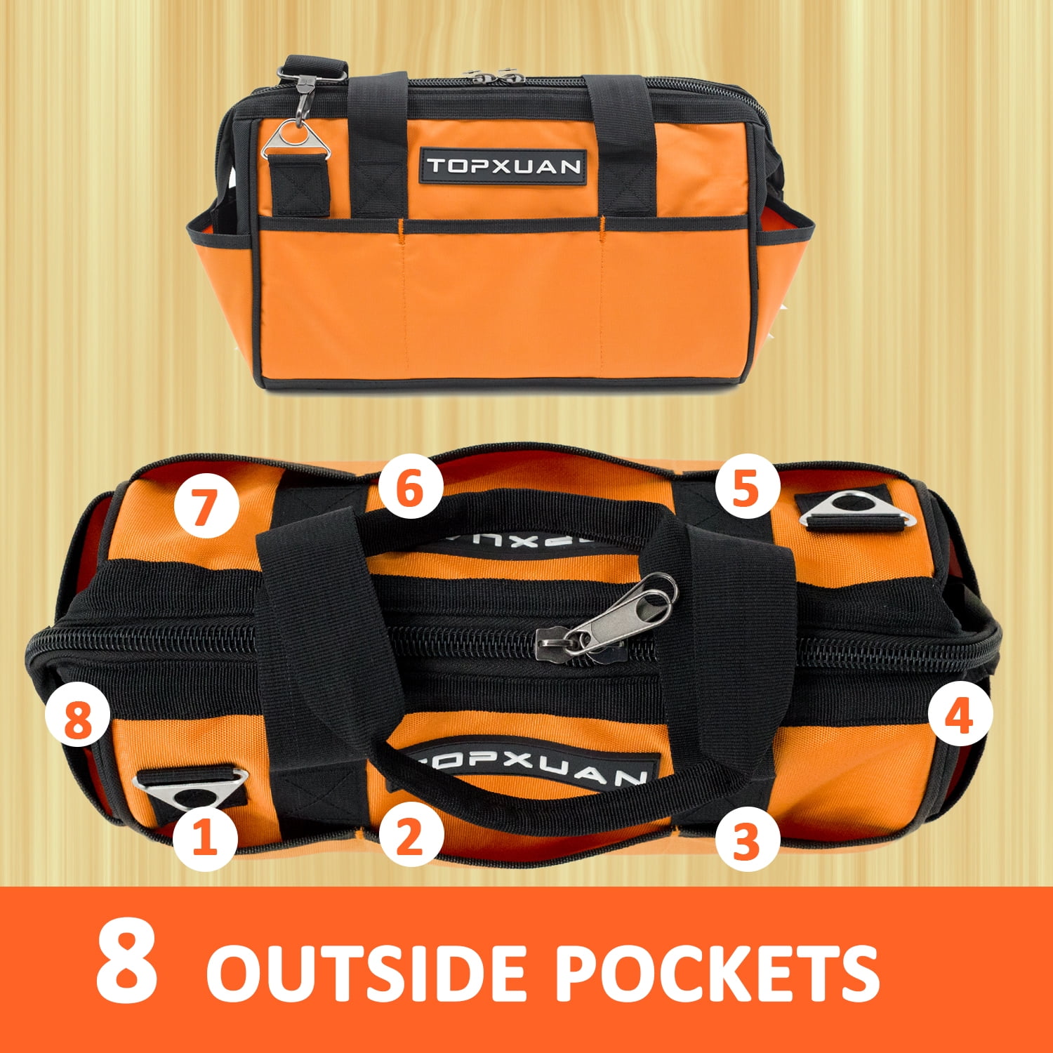 TOPXUAN Tool Bag 16 Inch Molded Plastic Base Heavy Duty Waterproof Orange Tool Organizer Wide Mouth With Shoulder Strap for Power Tools and Hand Tools Oxford Cloth Fabric (16 Pockets)
