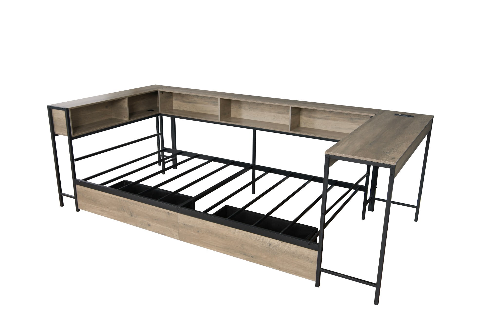 AENKYO Twin Size Corner Daybed with Desk & Bookcase, Bed Frame with LED Lights, Charging Station, Drawers, Gray