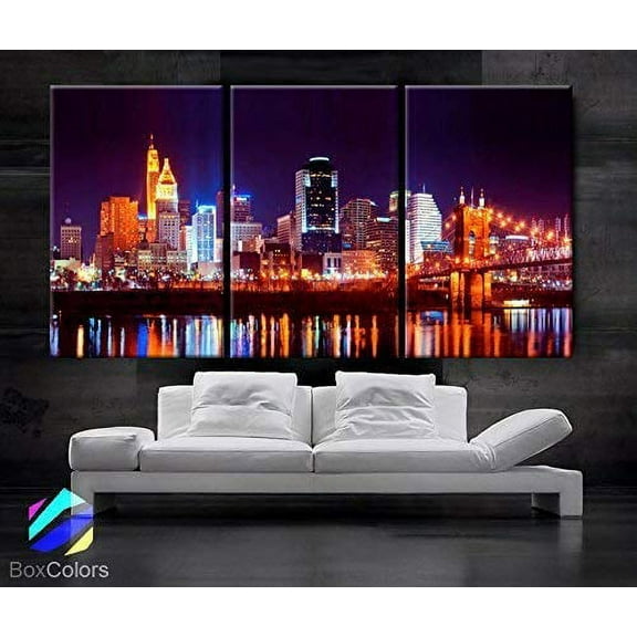 BoxColors - Large 30"x 60" 3 Panels 30"x20" Ea Art Canvas Print Cincinnati Skyline Night Light Downtown multi color Wall Home Decor Interior (Framed 1.5" Depth)