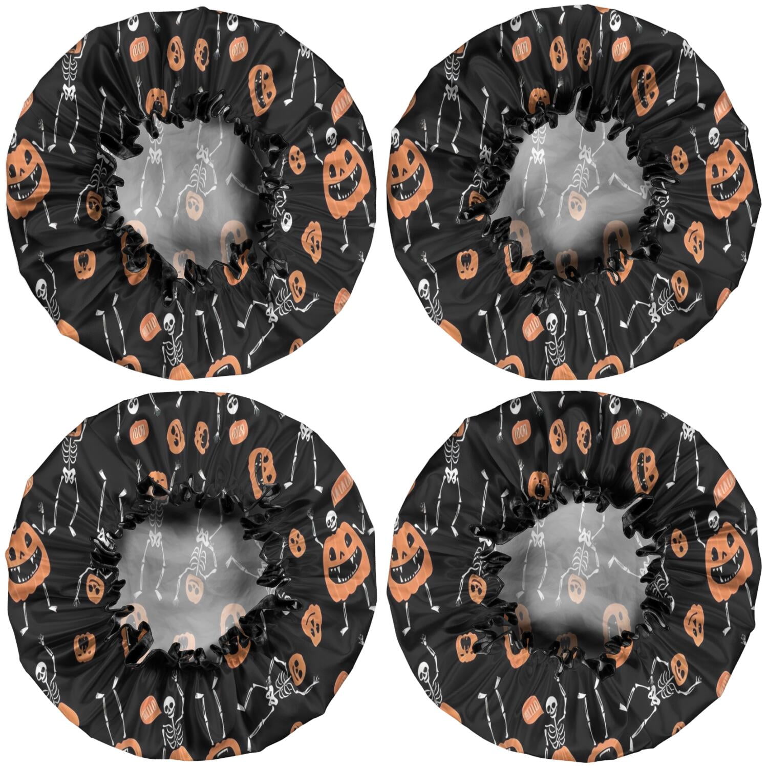 Shower Caps,Halloween Skeletons and Pumpkins Waterproof Shower Cap for Women 4 Pieces,Double Reusable Hair Cover for Shower PEVA Elastic Stretch Hem