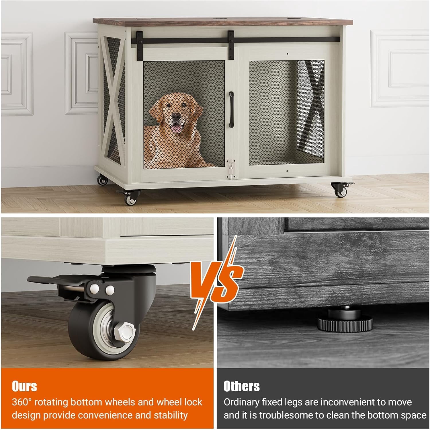 Studyset Dog Crate Furniture with Flip Top, 37" Dog Cage Furniture with Sliding Barn Door, Wheels and Removable Divider, Furniture Style Dog Crate Table, Indoor Dog Kennel for Large Dogs