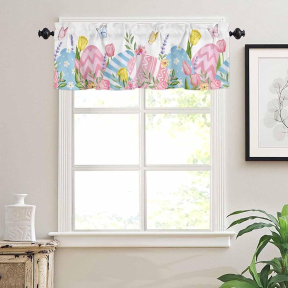 Easter Valance for Windows, Easter Eggs Flowers Butterfly Short Kitchen Window Treatment Curtain, Holiday Rustic Farmhouse Rod Pocket Valances Curtains for Living Room/Bedroom 54"x18"