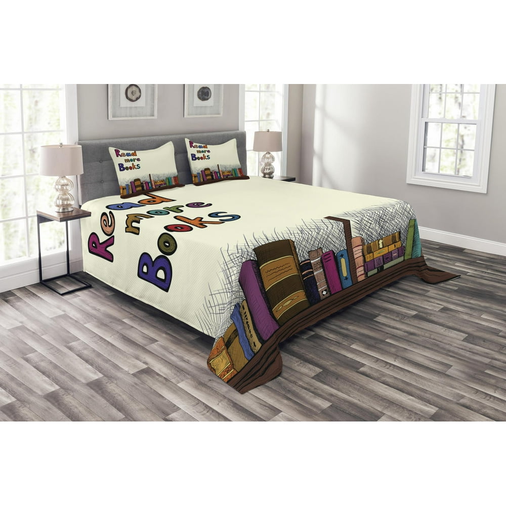 Book Bedspread Set Queen Size, Read More Books Quote Printed on Sketch