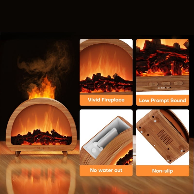 Diffuserlove USB fireplace flame humidifier, an essential oil diffuser with remote control and timer, can be set to turn off, 7 types of lights, suitable for home, bedroom and office