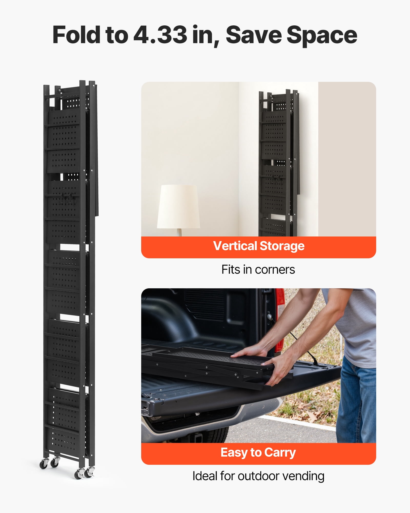 VEVOR 6-Tier Foldable Storage Shelf, 24W x 12D x 72H Inch Folding Metal Rack Shelving Unit, No Assembly Organizer Shelf with 5 Wheels & 4 Hooks for Pantry, Kitchen, Garage, Basement, Black