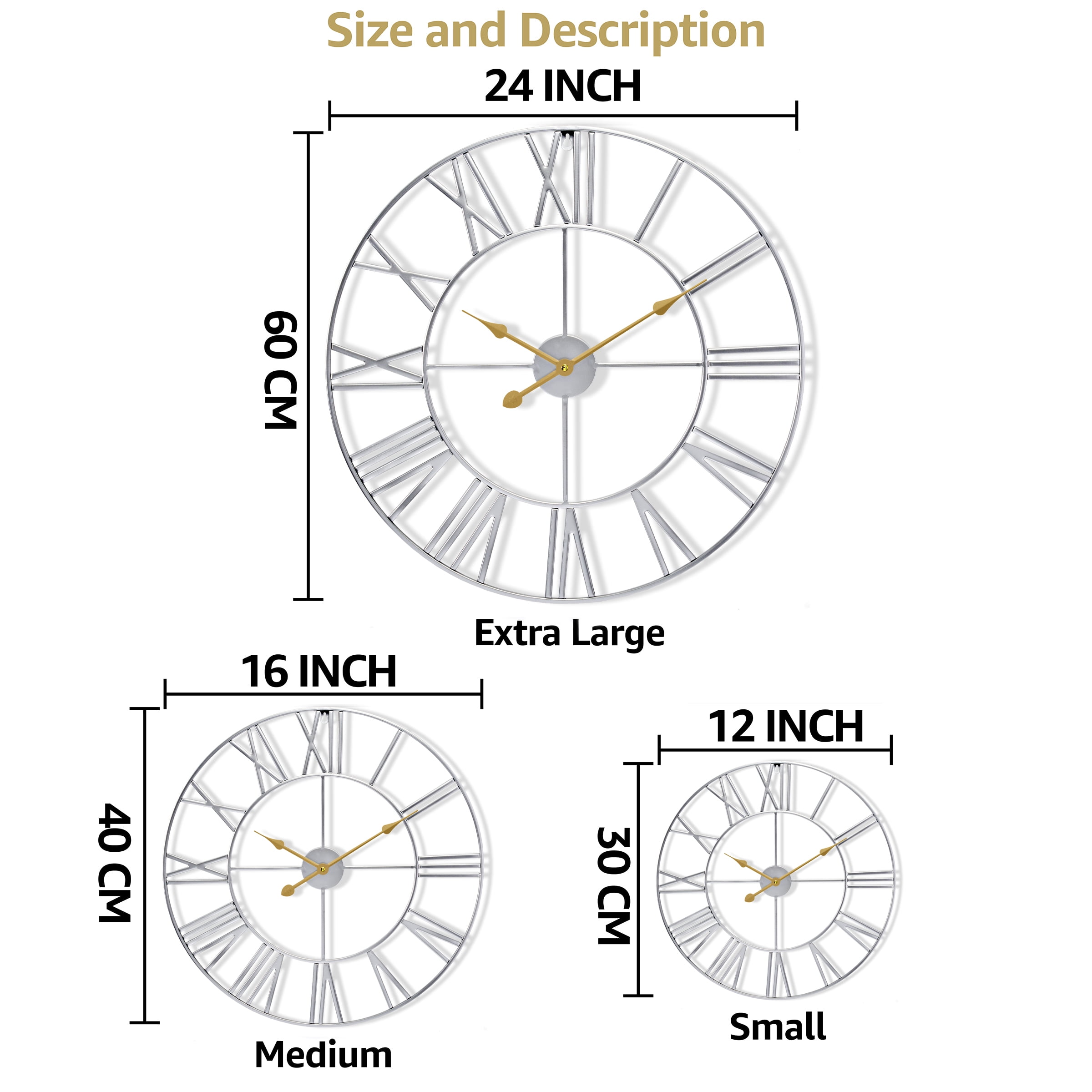 Sorbus Large Metal Roman Numberal Wall Clock for Living Room Decor (Silver, 16" Diameter)