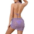 thumbnail image 3 of Conjuntos de bikini de halter de color bloque con ondas de agua para mujer, 3 piezas, parte inferior triangular, cubierta de malla, trajes de baño, púrpura claro mediano, 3 of 5