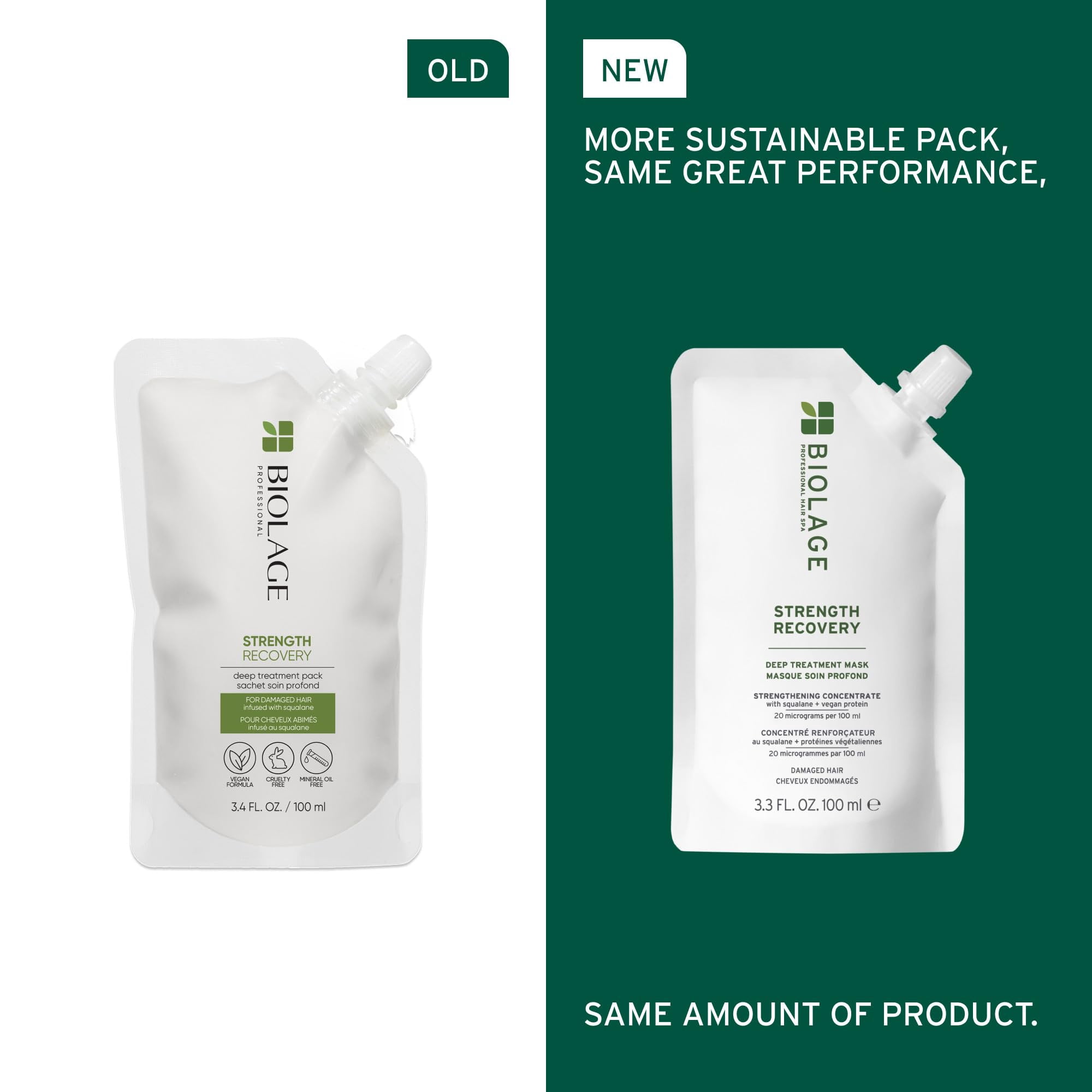 Biolage Strength Recovery Deep Treatment Pack | Moisturizing Hair Repair Mask | For Dry, Damaged Hair Types | Deep Conditioning | Cruelty-Free | Infused with Vegan Squalane | 3.4 Fl. Oz