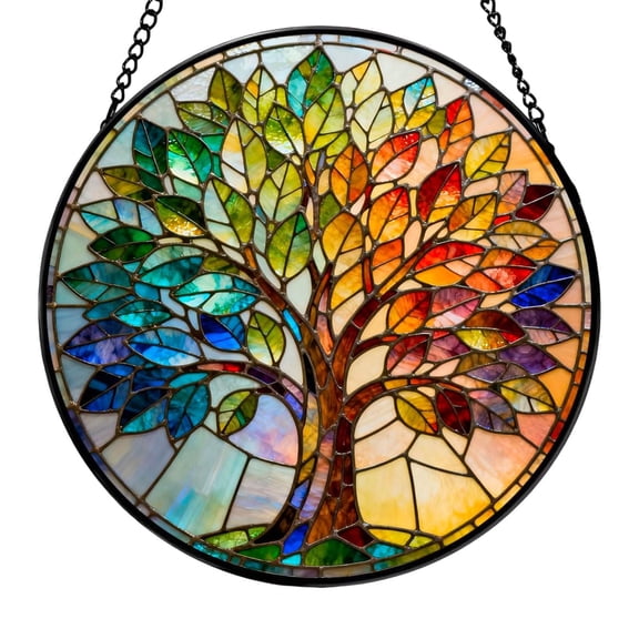 Stained Glass Window Hanging, Colorful Tree of Life Sun Catchers Glass Panel Blue Suncatcher Decor for Birthday for Women, Men, Wife, Aunt, and Mom 11.8in
