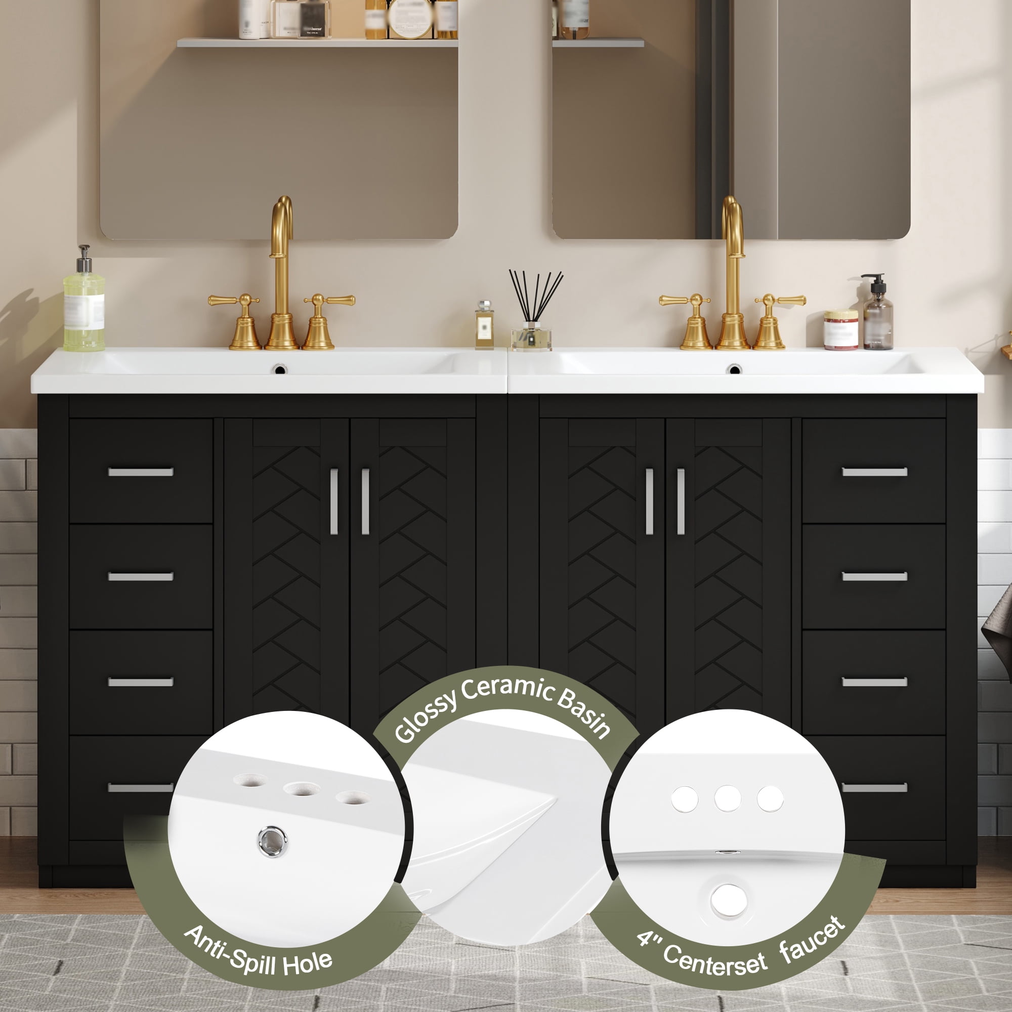 Euroco 60'' Bathroom Vanity with Ceramic Sink Combo,Solid Wood Frame Bathroom Storage Cabinet, Freestanding Vanity Set with 3 Drawers& Soft Closing Doors
