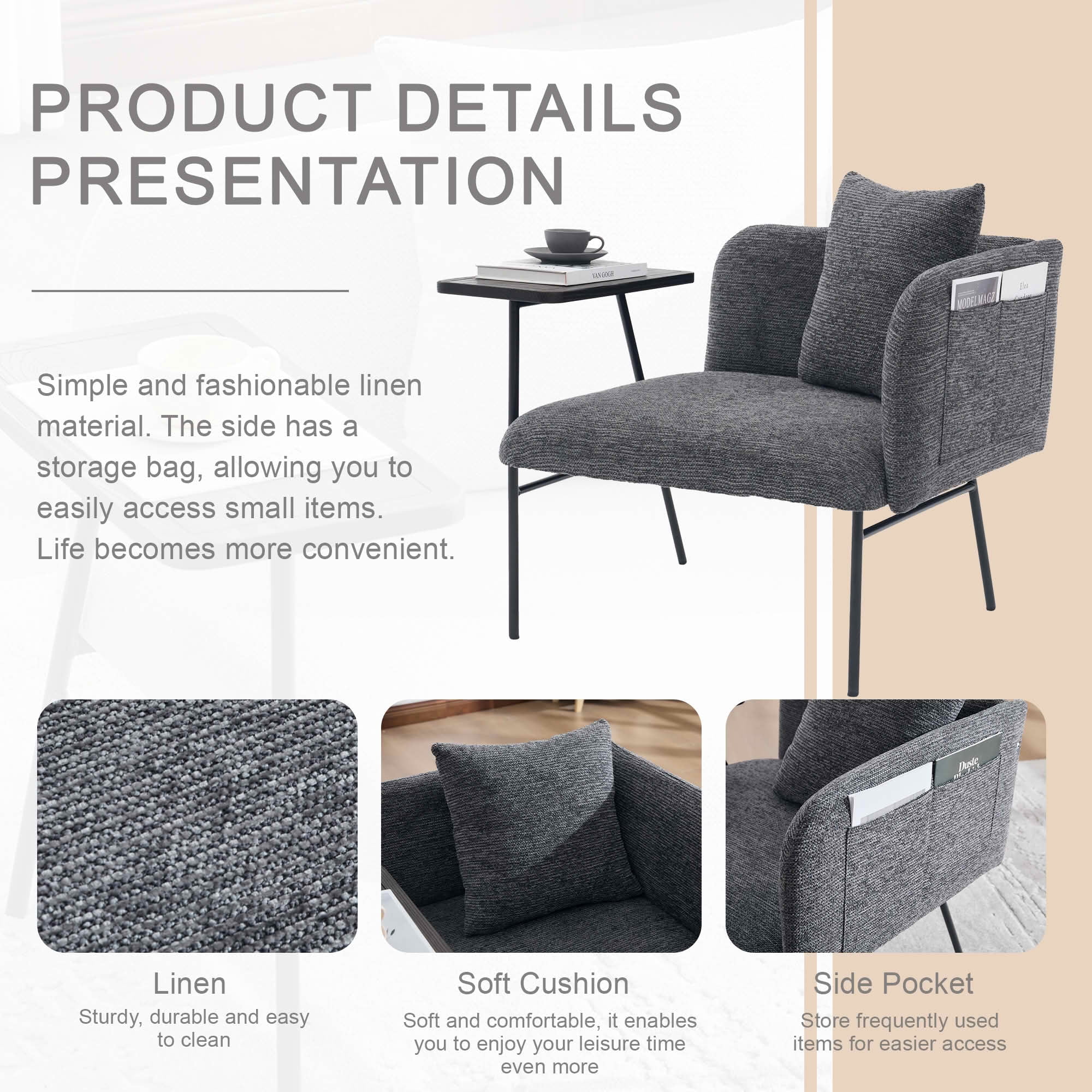 MAYEERTY Leisure Lounge Chair with Side Table & Back Pillow, Armchair, Dark Gray, Living Room Bedroom