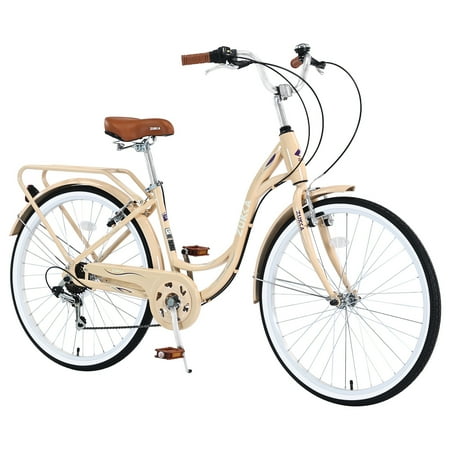 iYofe 24 inch Kids Bike for Girls Aged 8-12 with Hand Brakes, 7 Speed Children's Beath Cruiser Bike with Backseat, Hybrid Bicycle, 85% Assembled, Beige