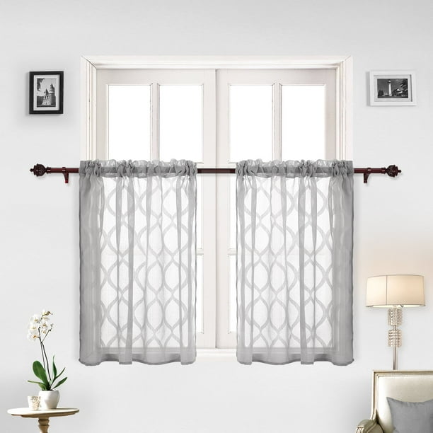 Cortinas semitransparentes Deconovo de lino jacquard tejido, 91 cm de largo, para cocina, gris, 132 x 91 cm, 2 unidades