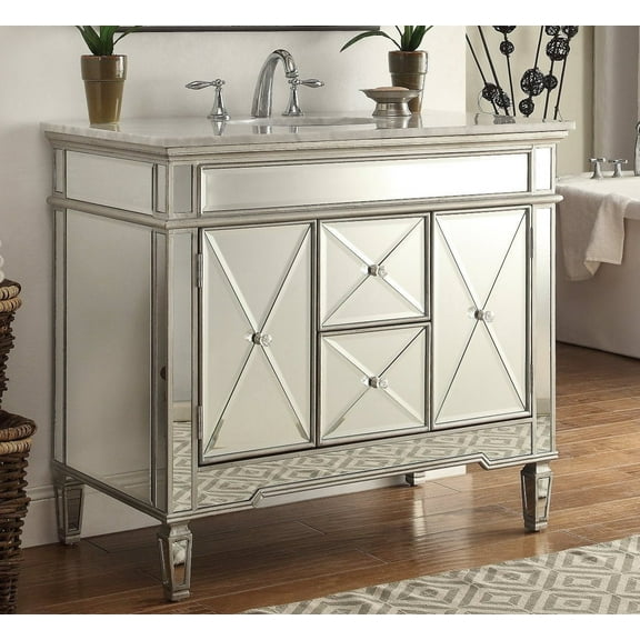 Benton Collection 44" Mirrored Bathroom Vanity with Carrara Top