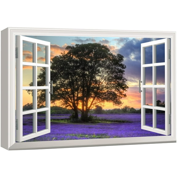 wall26 Canvas Print Wall Art Window View to Trees & Lavender Flowers Nature Wilderness Photography Realism Rustic Landscape Colorful Multicolor Ultra for Living Room, Bedroom, Office - 24"x3