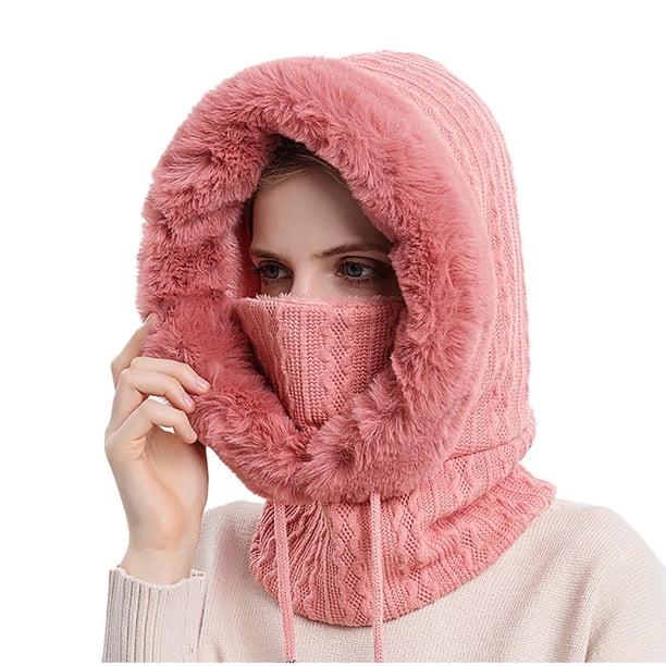 Xiao Hua Gorro de peluche, bufanda, máscara, cordón, invierno, cálido, de punto, con capucha, para exteriores, rosa, 1 pieza