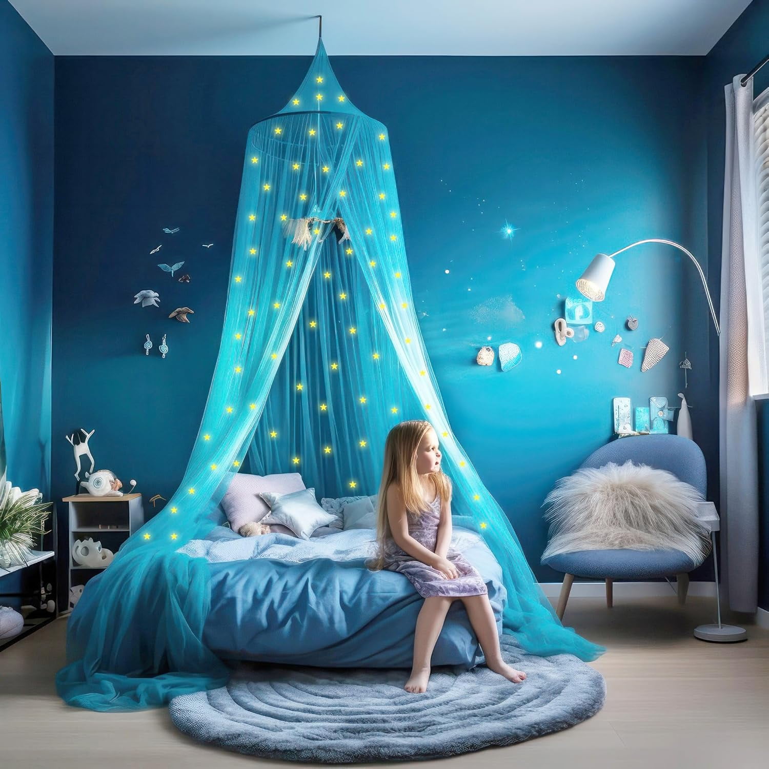 Blue Canopy for Girls Bed with Pre-Glued Glow in The Dark Stars - Princess Mosquito Net Room Decor - Kids & Baby Bedroom Tent with Galaxy Lights - 1 Opening Canopy Bed & Hanging Kit Included