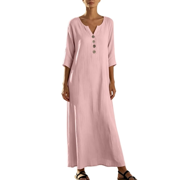 Vivianyo HD Women's Henley V Neck Caftan Maxi Dresses, 3/4 Sleeve Loose Casual Solid Long Dresses for Women, Women's Pink, Sizes S-2XL