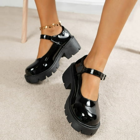 

Cathalem Ladies Dress Shoes Pumps Ladies Fashion Solid Color Bright Leather Buckle Thick Soled Thick Ladies Low Heel Dress Shoes Black 6.5