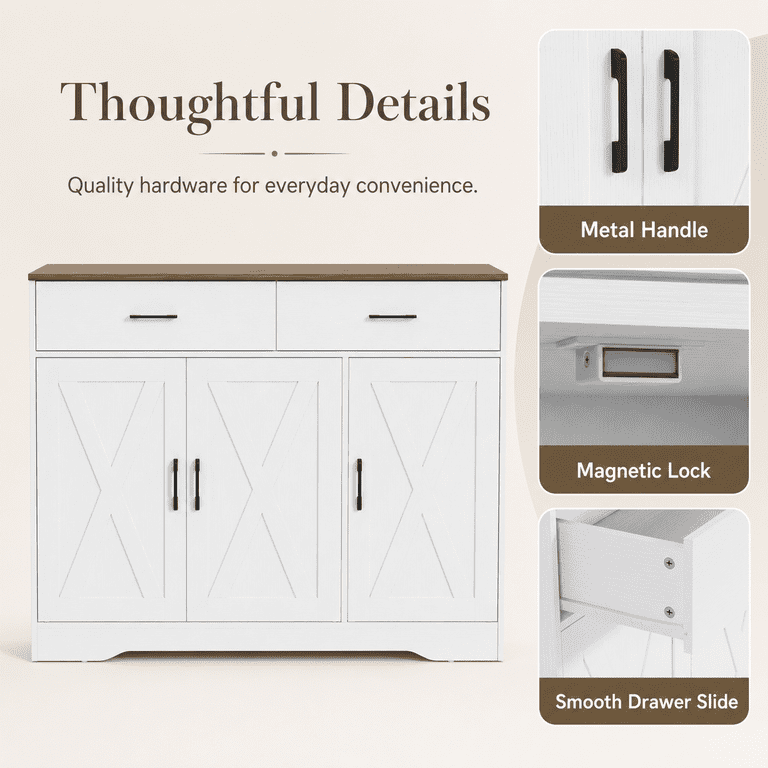 Lacoo Farmhouse Sideboard Buffet Cabinet with 2 Drawers and 3 Doors, Kitchen Storage Cabinet with Adjustable Shelf, Coffee Bar Cabinet for Dining Room and Living Room, White