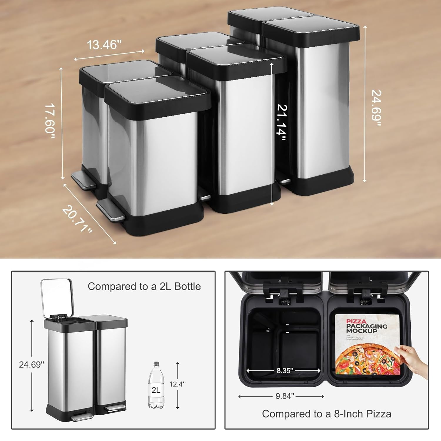 16 Gallon/ 60L Dual Kitchen Trash Can, 2x8 Gallon Stainless Steel Double Garbage Can with Inner Bucket, Two Compartment Step Recycle Bin with Soft-Close Lid for Kitchen, Office